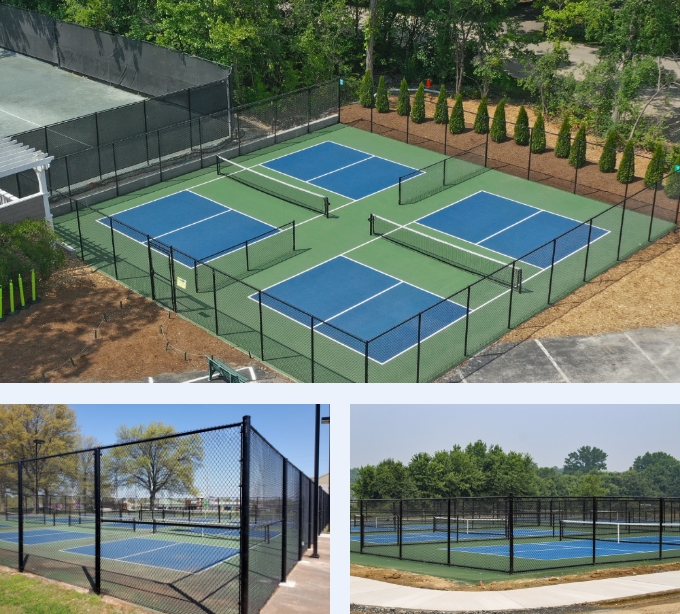 Thee pickleball courts in different places with chainlink fencing