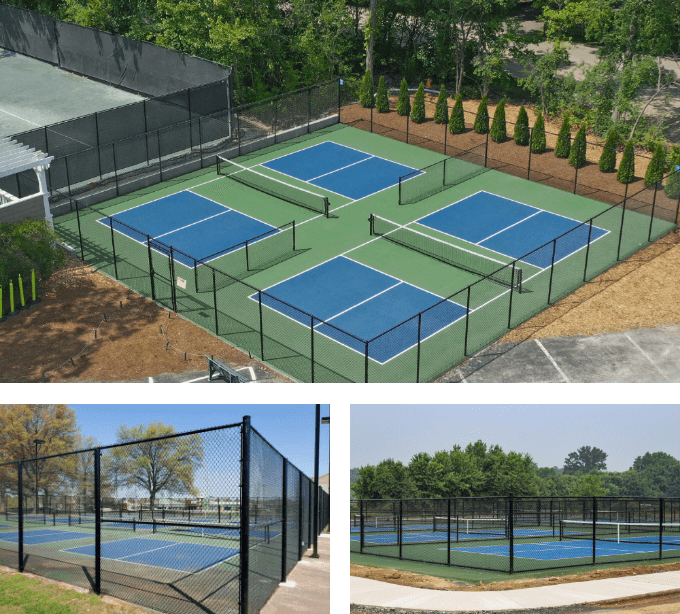 Thee pickleball courts in different places with chainlink fencing