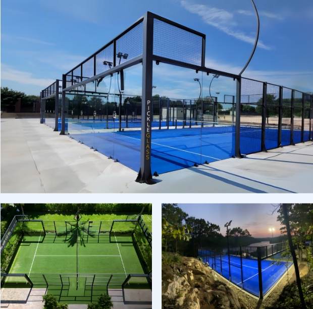 Three examples of Glass fences installed around pickleball courts
