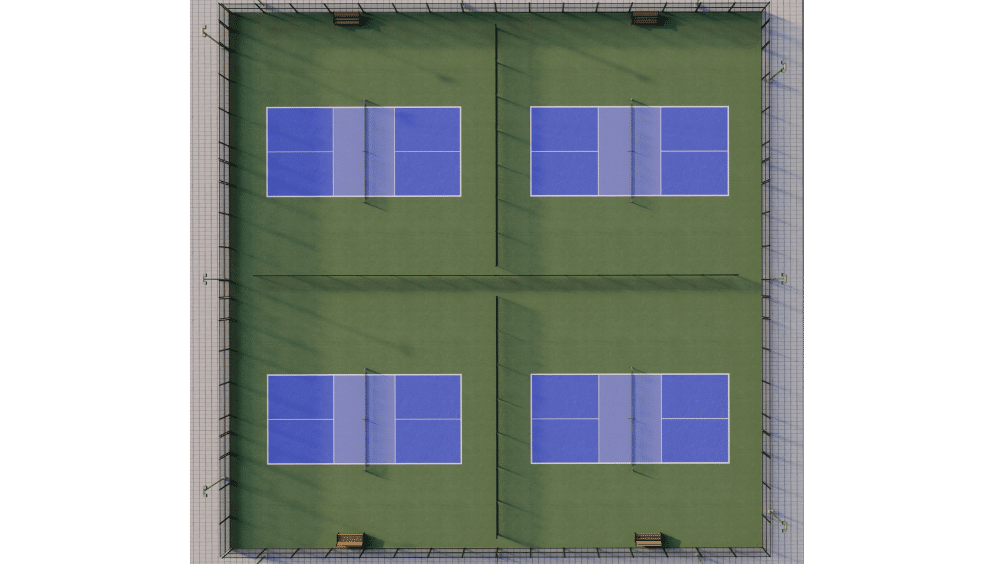4 pickleball courts layout with glass walls