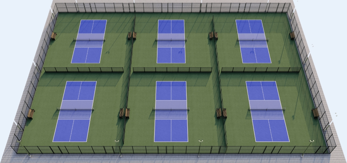 6-court pickleball court layout with PICKLEGLASS