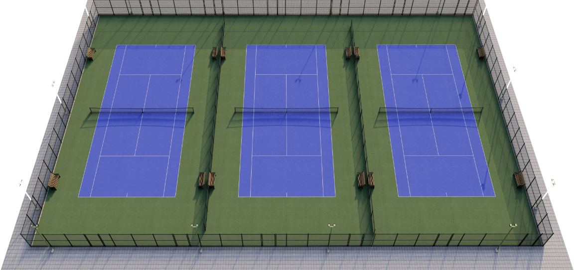 3-courts tennis court with glass fencing