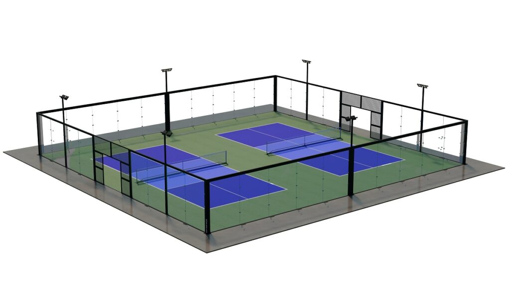 two pickle ball courts with PICKLEGLASS glass fencing