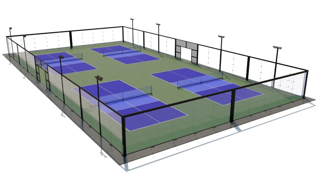 4 pickleball courts with a single glass fencing surround