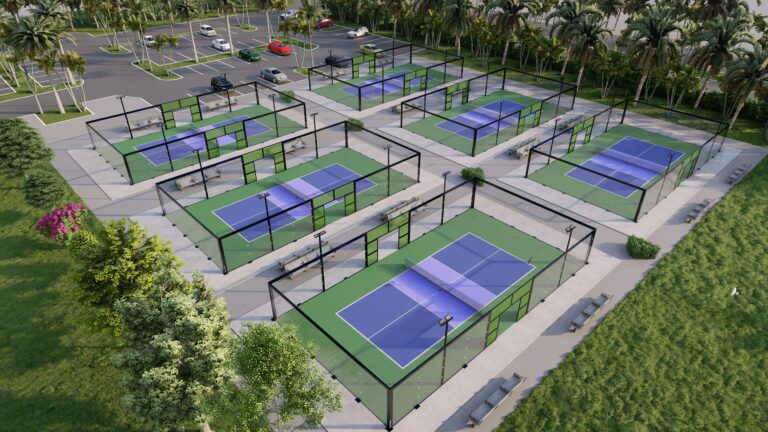 6 pickleball courts with glass fencing from Pickleglass