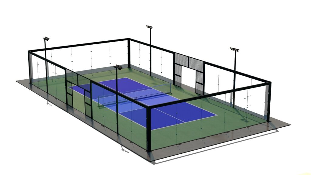 single pickleball court with glass surround and lighting