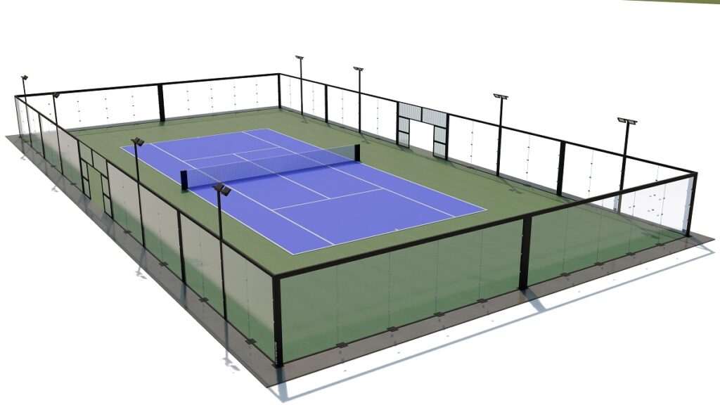 tennis court with glass fencing and night lighting