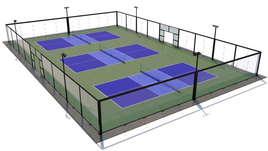 three pickleball courts with pickleglass and nighttime lighting