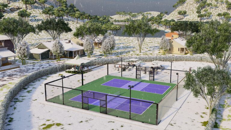 PICKLEGLASS™ NOISE BARRIER GLASS PICKLEBALL COURTS in rural setting