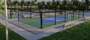 Glass enclosure fencing for outdoor courts