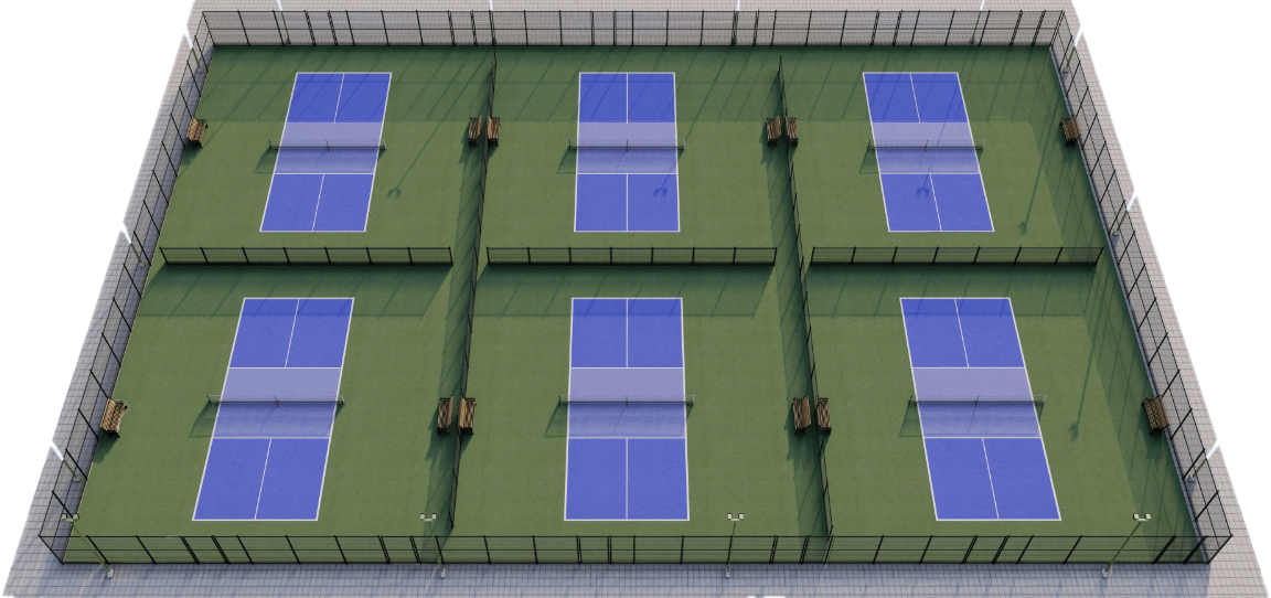 6-court pickleball court layout with PICKLEGLASS