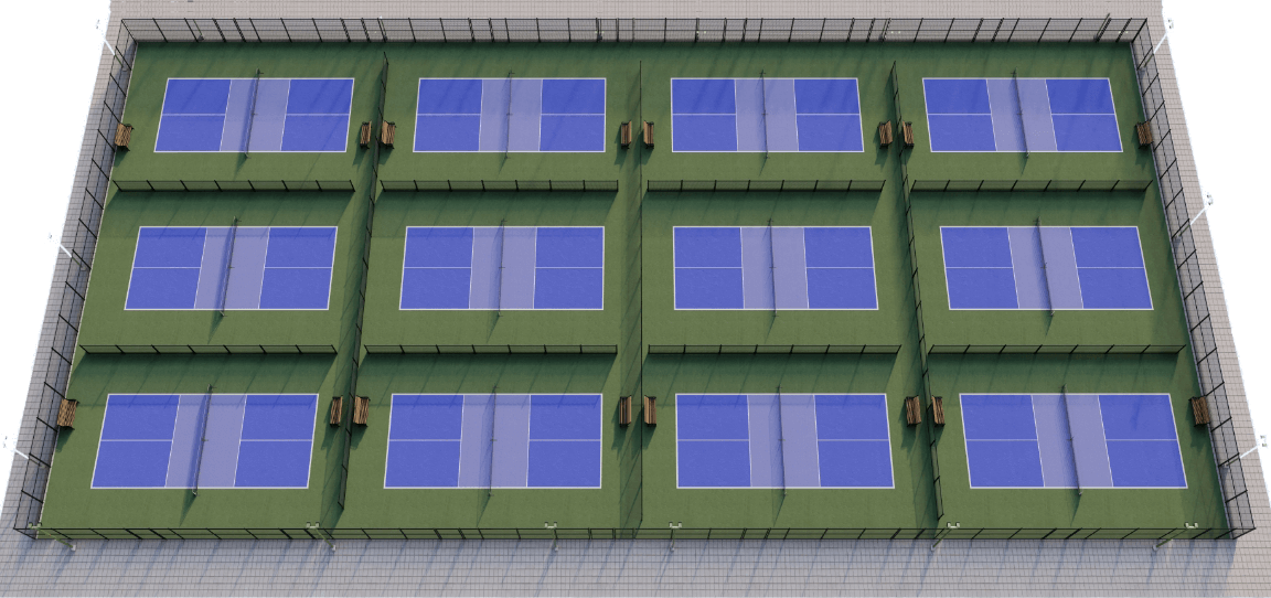 12-court pickleball court layout with fencing