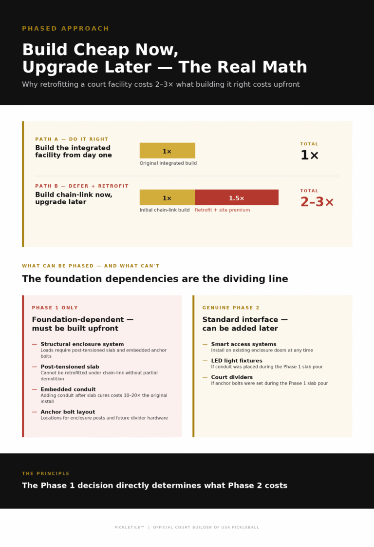 Infographic about the ccost of retrofitting a pickleball court with chain link fence to glass later on.