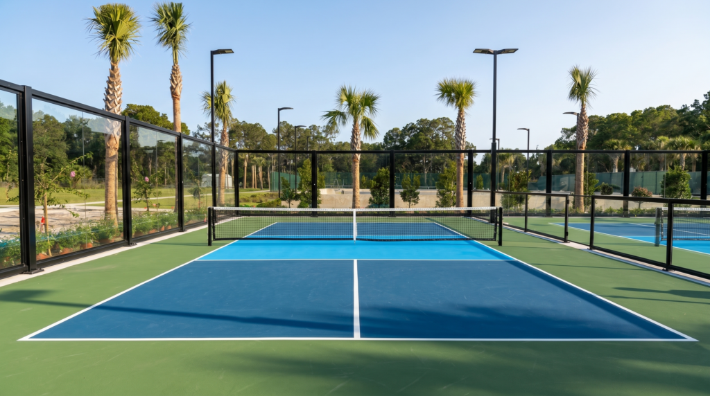 A 5-inch post-tensioned concrete slab for a pickleball court featuring integrated electrical conduit and drainage engineering.