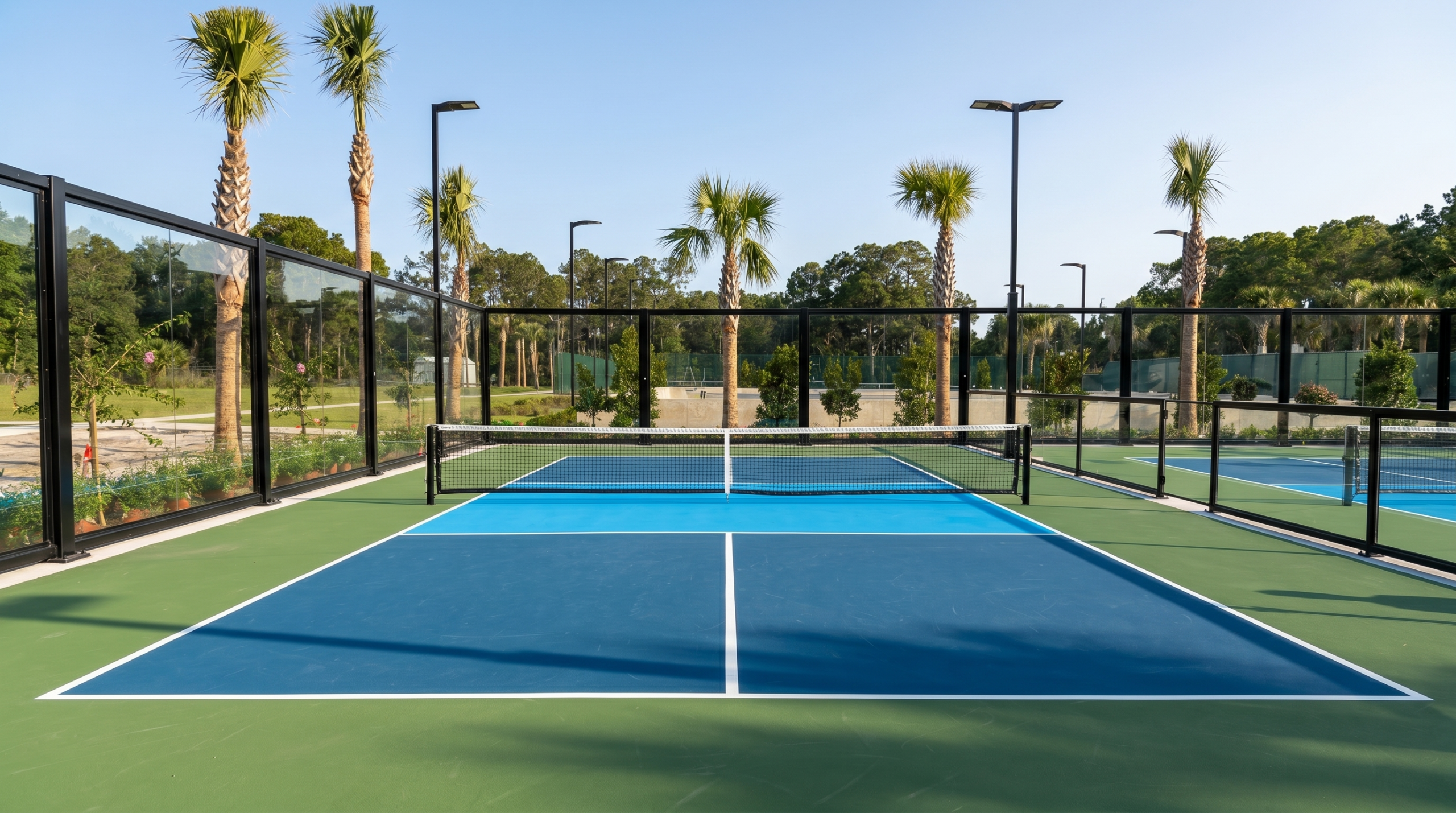 A 5-inch post-tensioned concrete slab for a pickleball court featuring integrated electrical conduit and drainage engineering.