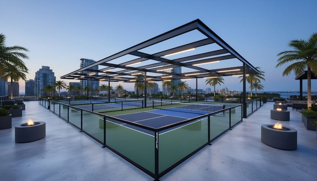PICKLEGLASS enclosure with custom-etched resort crest