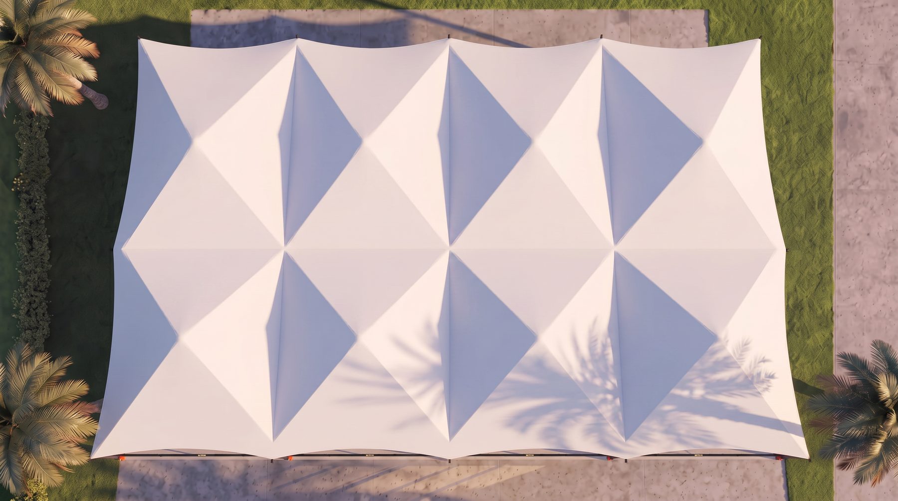 Aerial view of a multi-court PICKLEGLASS PTFE membrane canopy over pickleball courts