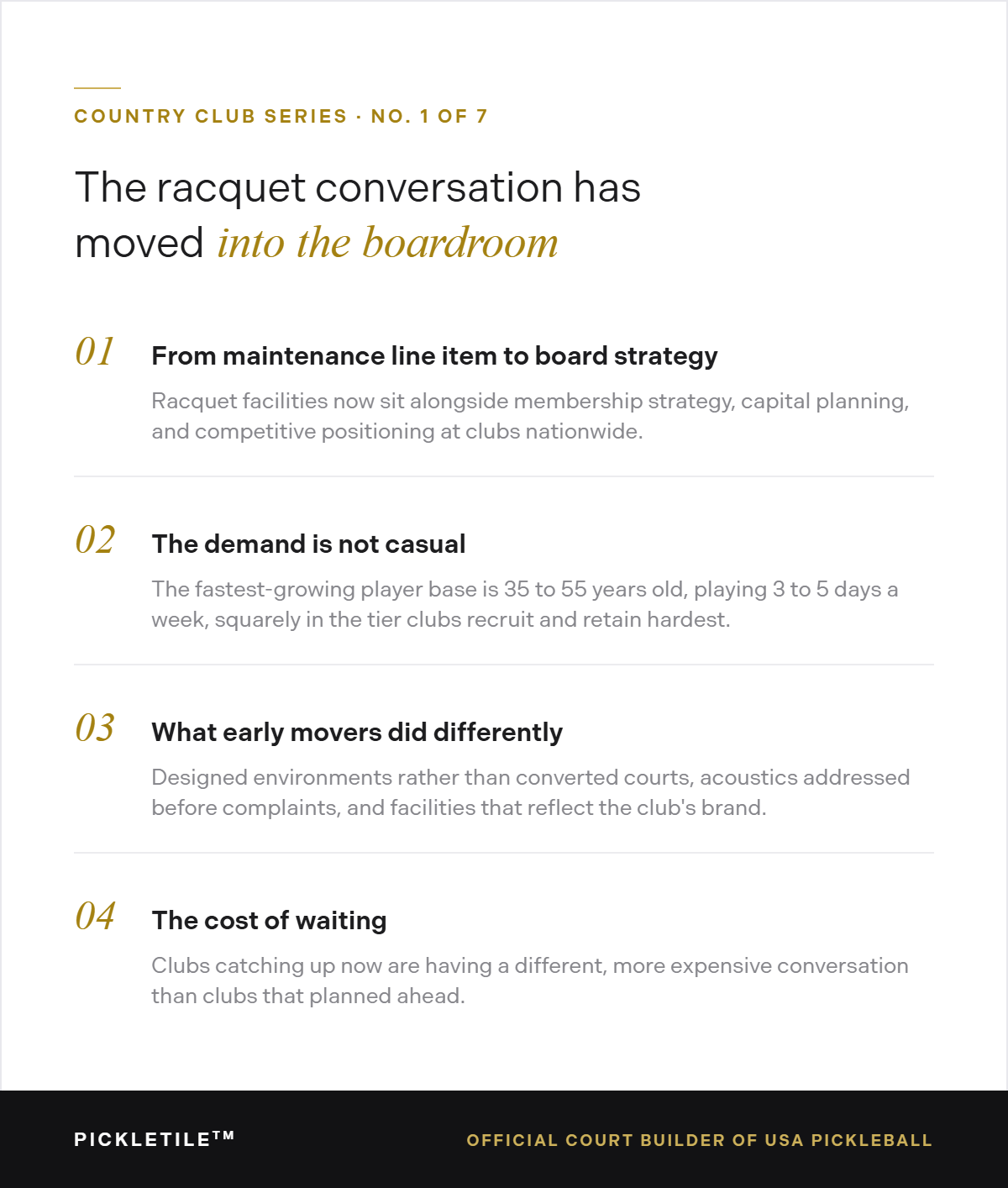 Infographic: The racquet conversation has moved into the boardroom. Four highlights on how private clubs are treating racquet facilities as board-level strategy.