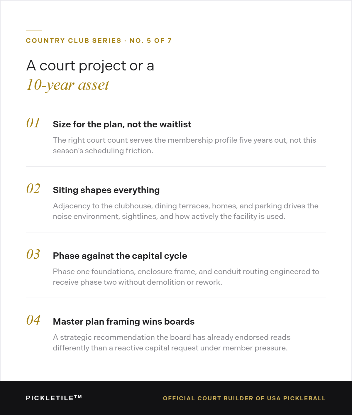 Infographic: a court project or a 10-year asset. What belongs in a master plan conversation about racquet facilities.