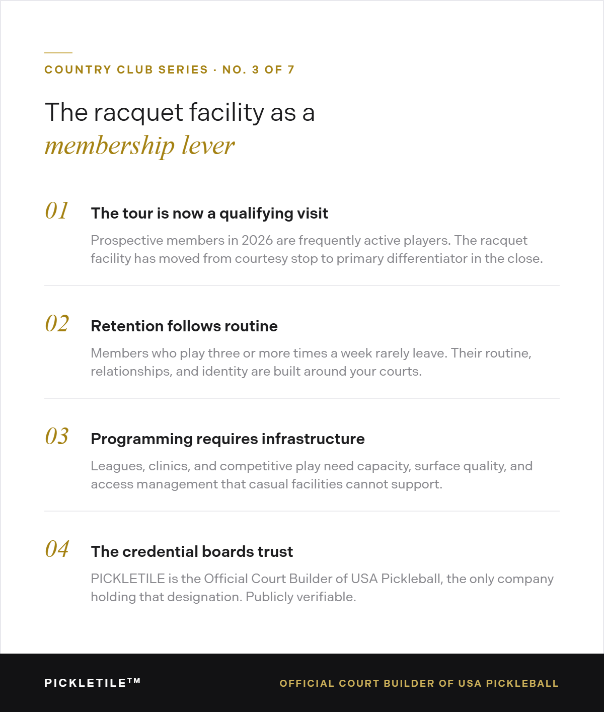 Infographic: the racquet facility as a membership lever. Four highlights on recruitment and retention at private clubs.