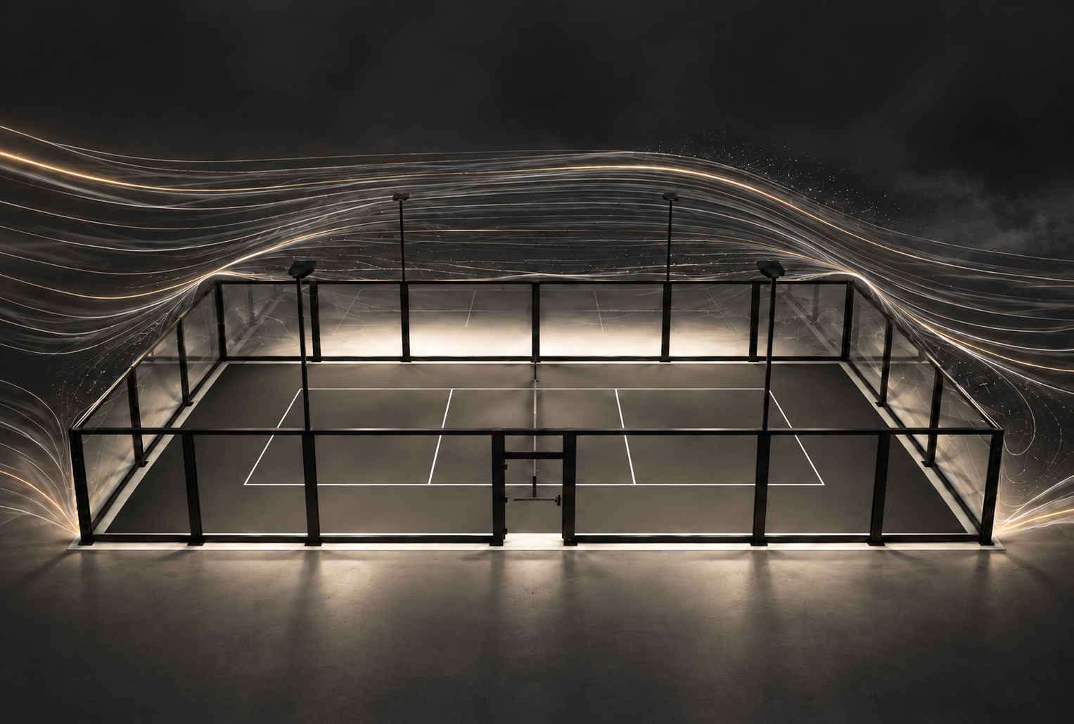 Illustrative 3D wind-flow visualization around a PICKLEGLASS court enclosure